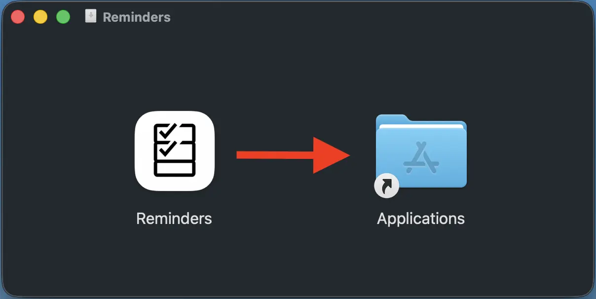 macOS DMG window showing Reminders being dragged to the Applications folder