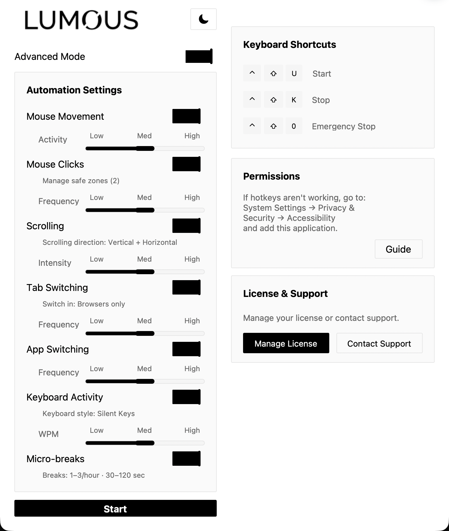 Current Lumous Advanced Mode on macOS showing separate mouse, click, scroll, tab, app, and keyboard intensity sliders plus micro-break settings