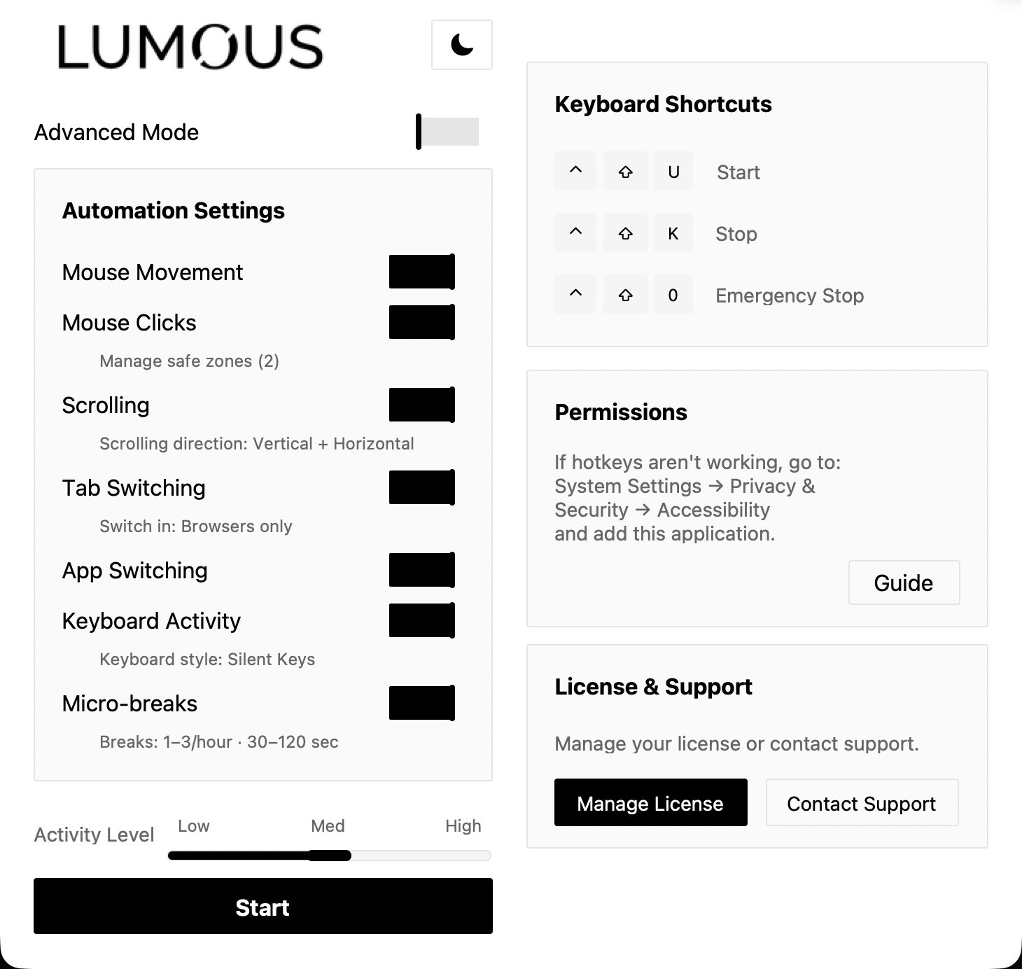 Current Lumous Basic Mode on macOS with one Activity Level slider, seven activity controls, keyboard shortcuts, and license support