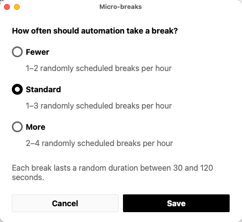 Micro-breaks settings showing Fewer at 1–2 breaks per hour, Standard at 1–3, and More at 2–4, with random durations of 30–120 seconds