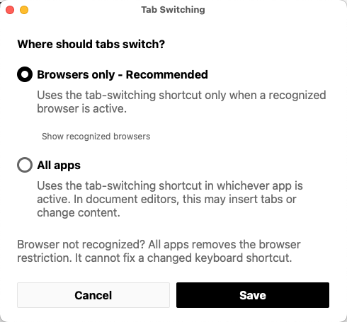 Tab Switching settings with Browsers only recommended, Show recognized browsers, All apps, and Save and Cancel buttons