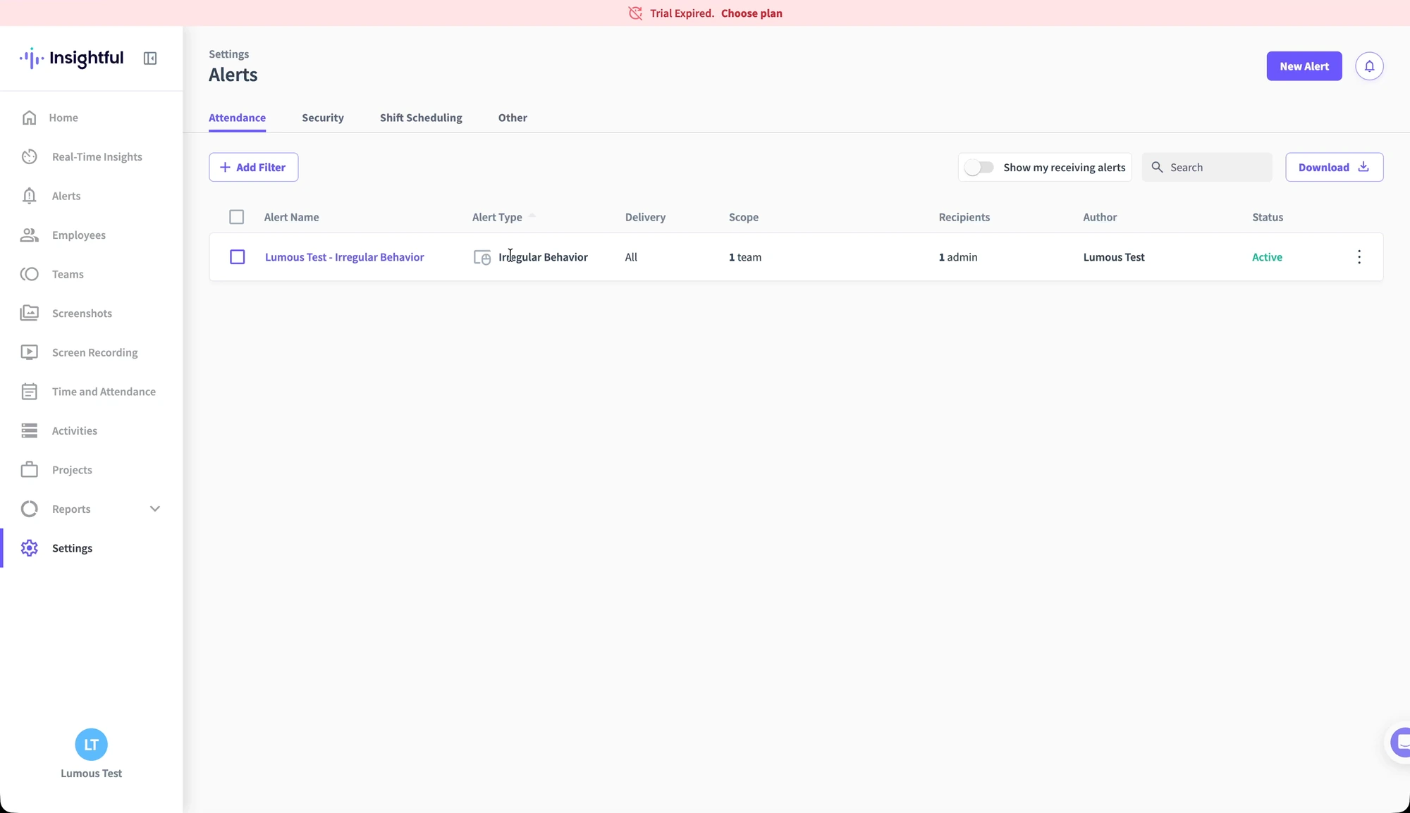 Insightful alert settings showing the Lumous Test irregular behavior rule with Active status