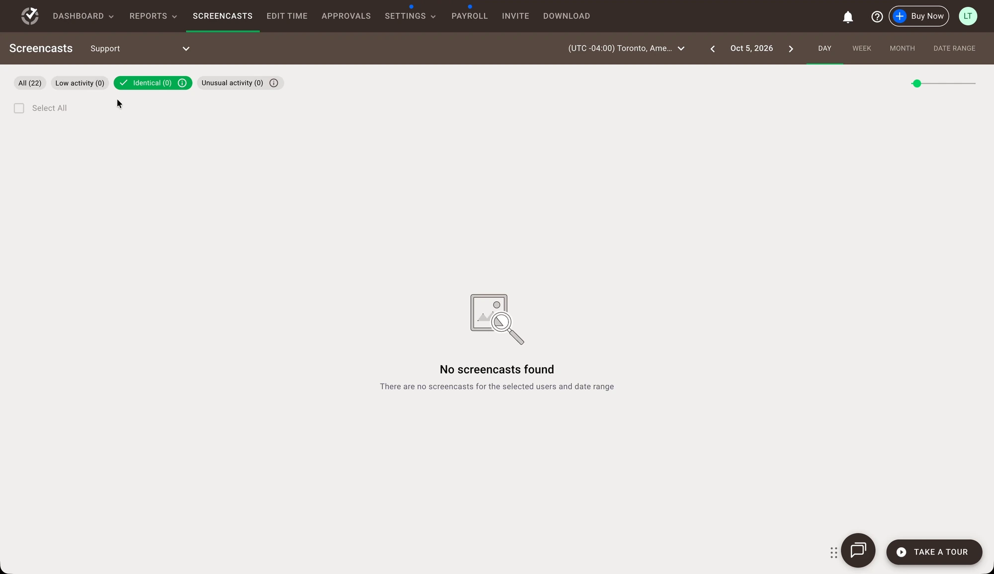 Time Doctor Screencasts page with Identical selected and no screencasts found