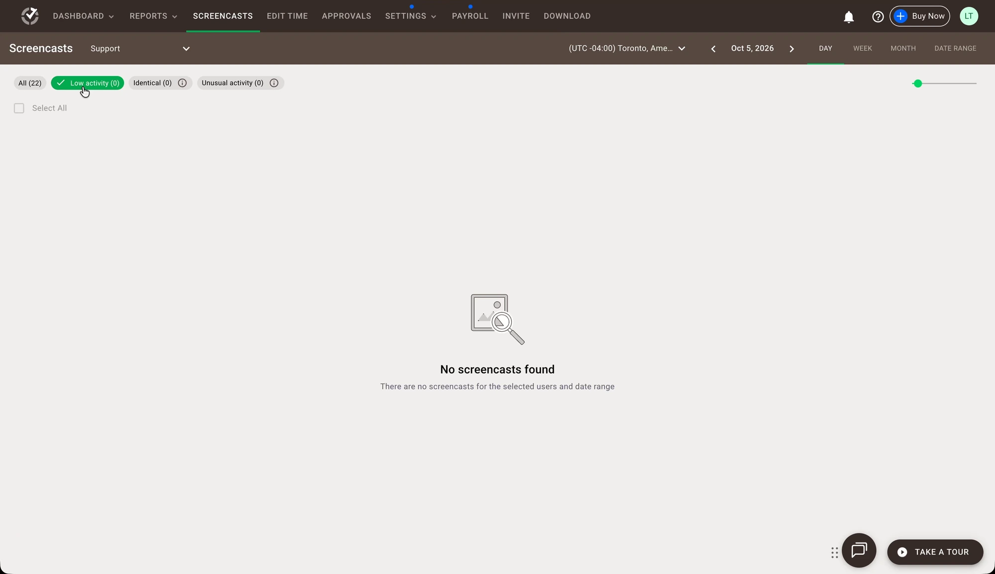 Time Doctor Screencasts page with Low activity selected, Support and October 5 filters, and no screencasts found