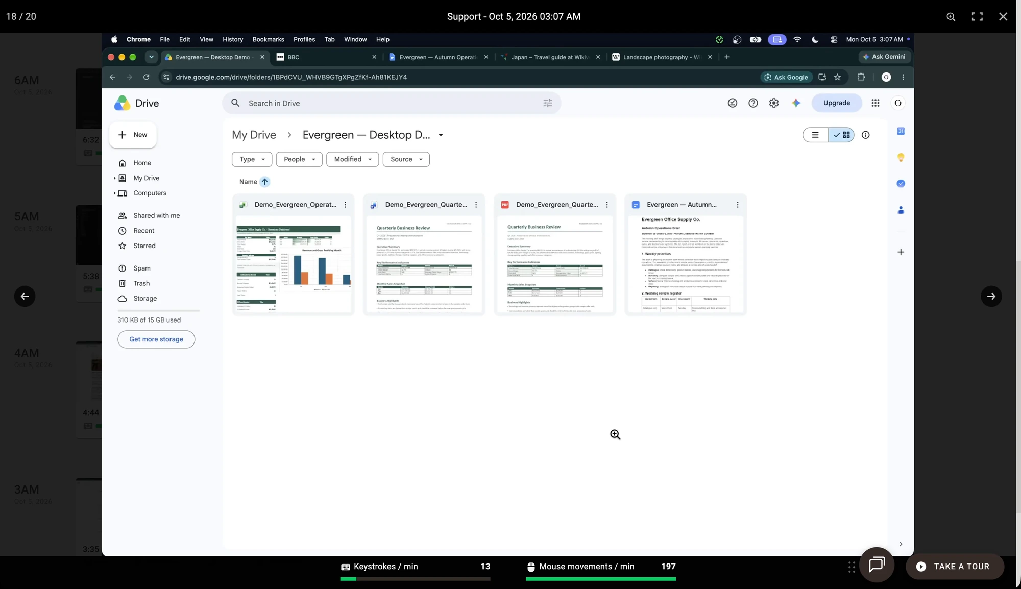 Time Doctor screencast at 3:07 AM showing Google Drive, 13 keystrokes per minute and 197 mouse movements per minute